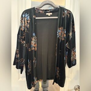 Loft Women's Dark Green Floral Open Front Velvet Feel 3/4 Sleeve Kimono Cardigan
